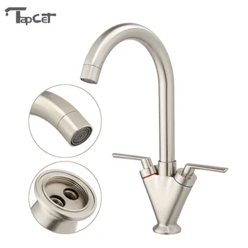 

TAPCET Brass Double Lever Kitchen Sink Tap Deck Mounted Kitchen Basin Faucets 360 Swivel Hot and Cold Water Kitchen Mixer Faucet
