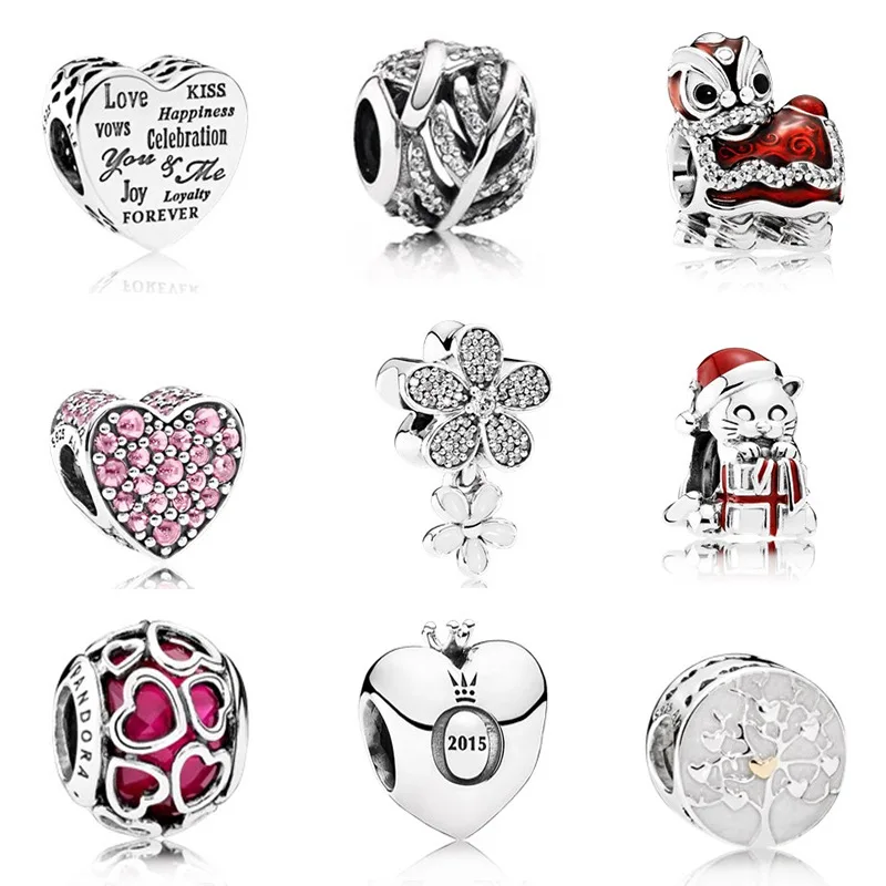 

S925 Sterling Silver Beads Heart Shaped Flowers Animal Cute Styling Accessories Fits Bracelets DIY Jewelry Women Gifts