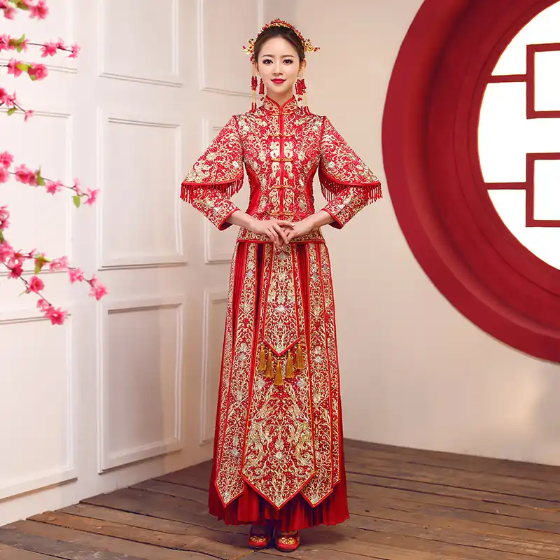 Vestido De Novia Estilo De China Vestido De Novia Bordado Cheongsam Elegante Tostado Trajes En El Extranjero Tradicional Novia Qipao Vestidos Para Mujer Aliexpress