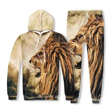 Лидер продаж круглым вырезом животный принт длинный рукав Повседневное длинные брюки Костюмы с капюшоном с принтом комплект из двух предметов свитер плюс Размеры Для мужчин наборы