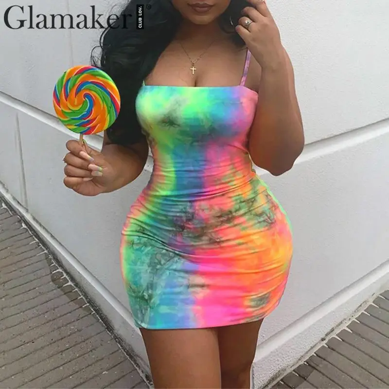 

Glamaker Sexy tie dye print bodycon dress Women spring summer elegant mini dress Party club female sleeveless dress vestidos