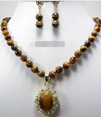 

Jewelry 001375 Real Tigereye Tiger's Eye Opal 18KGP Crystal Pendant Necklace Earrings
