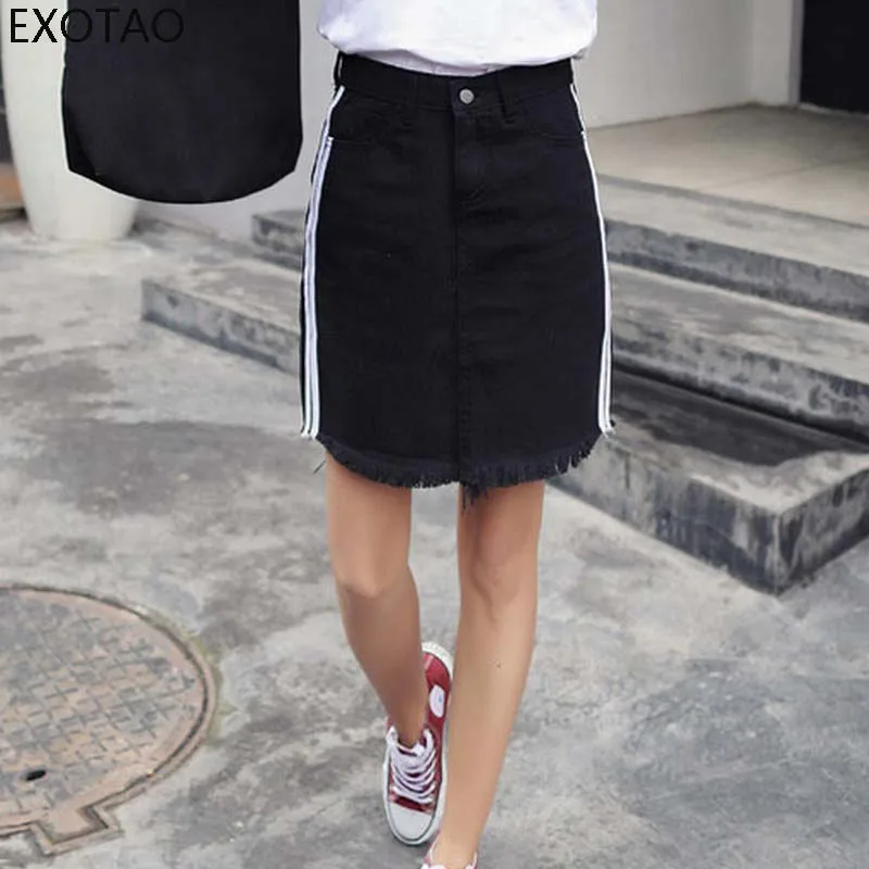 black and white striped jean skirt