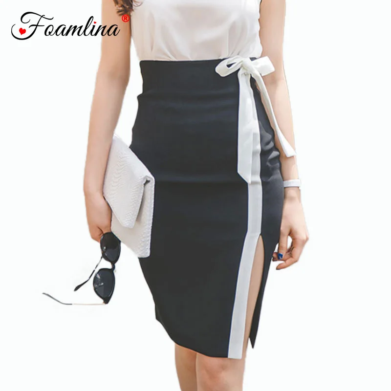 

Foamlina 2018 New Fashion Summer Women Colorblock Bow High Waist Side Slit Office Work Wear Pencil Skirt Saias Femininos