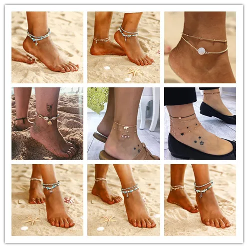 

Bohemian Shell Chain Anklet For Women Vintage Small Heart Beach Jewelry Multiple Layers Starfish Turtle Beads Anklets Set