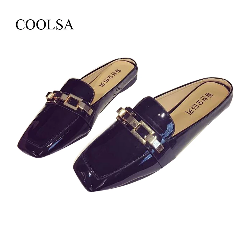 

COOLSA New Women's Metal Buckle Mule Slippers Toe Covered Half Lazy Slippers Solid Flat Slides European Street Fashion Slippers