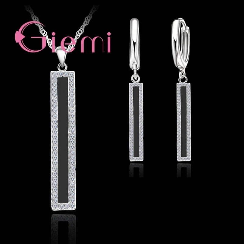 Новые модные черные эмалированные квадратные длинные висячие серьги ожерелье для женщин 925 пробы серебро CZ Кристалл ювелирный набор