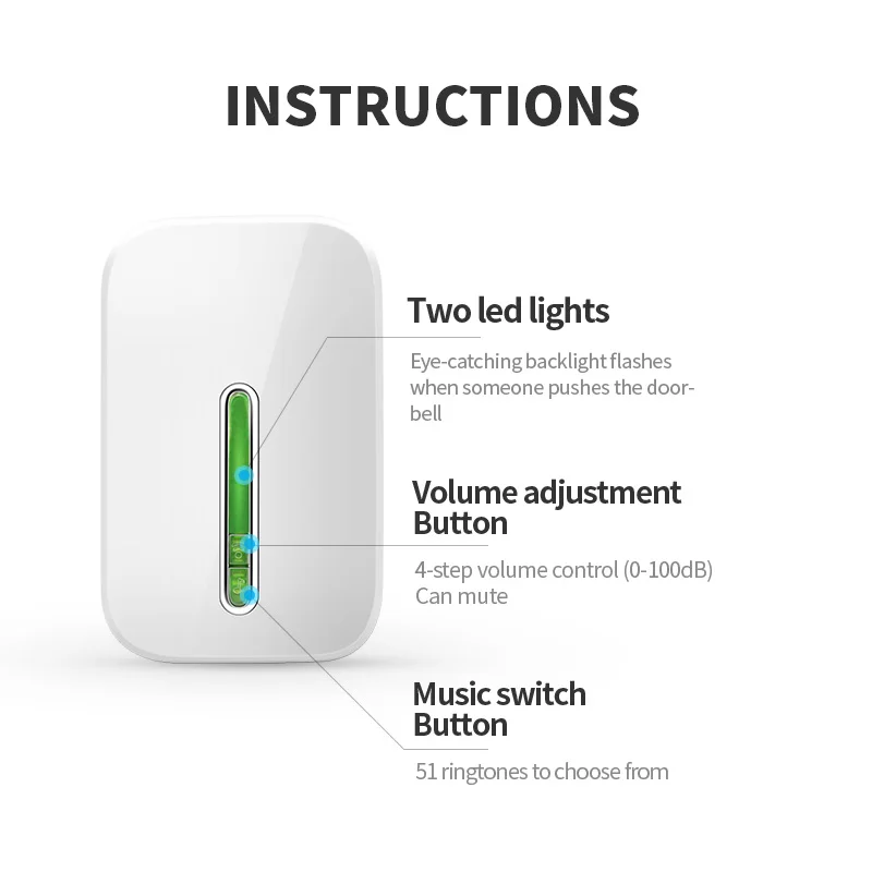Wireless Doorbell Self Powered Waterproof No Battery EU Plug 1button 1 2 Receiver