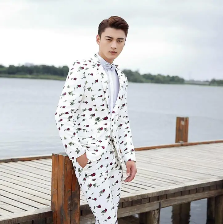 

Blazer men groom suit set with pants mens wedding suits singer star style dance stage Floral clothing formal dress white