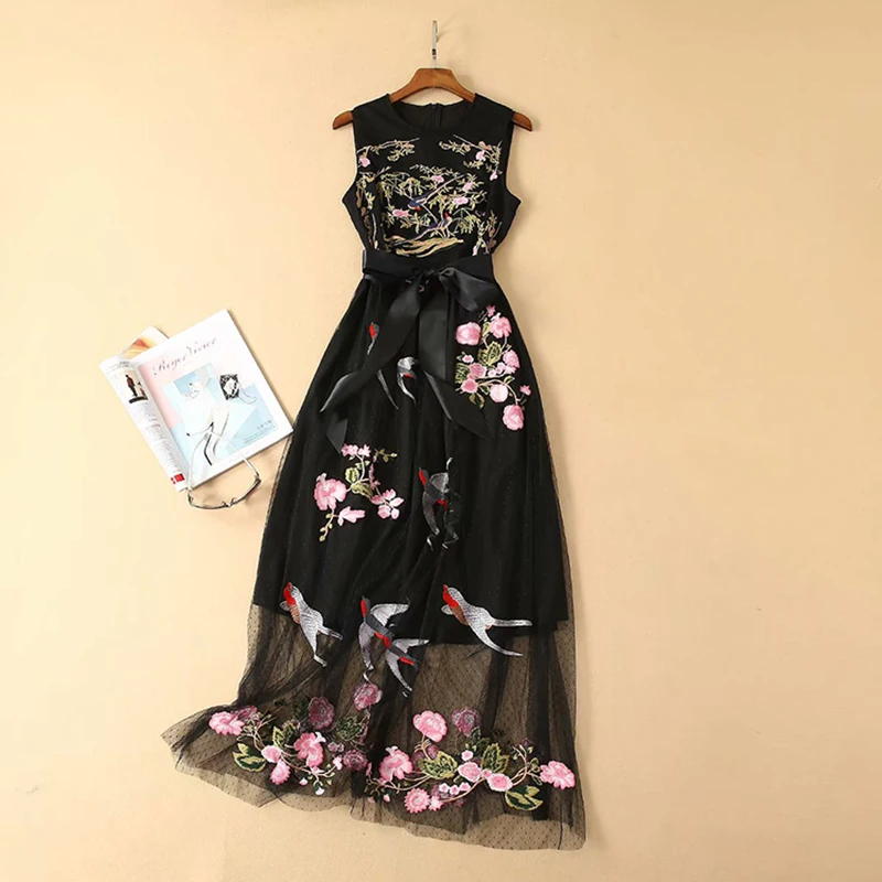 

HIGH QUALITY Newest Fashion 2019 Designer Runway Dress Women's Sleeveless Embroidery Gauze long Dress
