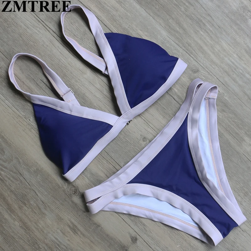 ZMTREE Bikini 2017 Bordered Set Blue White Solid Color Swimsuit Women Swimwear Sexy Beach Bathing Suit Brazilian Biquini | Женская