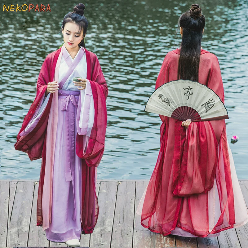 

The Beauty-Elegant Woman's Hanfu Chinese Tradition Style Vintage Gorgerous Chiffon Dress 5Pcs Set Fairy Kei