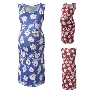 

Pregnancy Dress Women's Fashion Floral Print Sleeveless Round Neck Dresses Maternity Dress Photography Ropa Premama Dress M-2XL