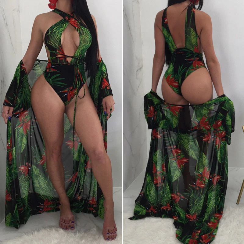 

2018 Sexy Women One Piece Floral Green Bikini Set Cover Up Plus Size Swimsuit Swimwear Beachwear Dress Bathing Suit Clothes