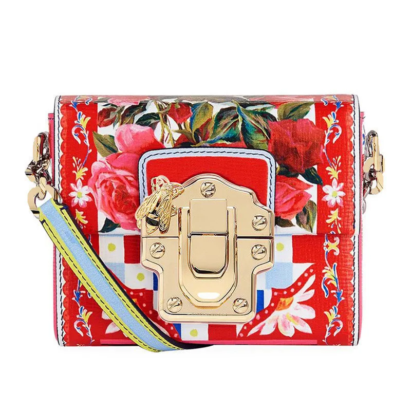

Luxury Italy Brand Sicily Women Bag Genuine Leather Rose Print Shoulder Messenger Bag Famous Designer Gold Locks Small Party Bag