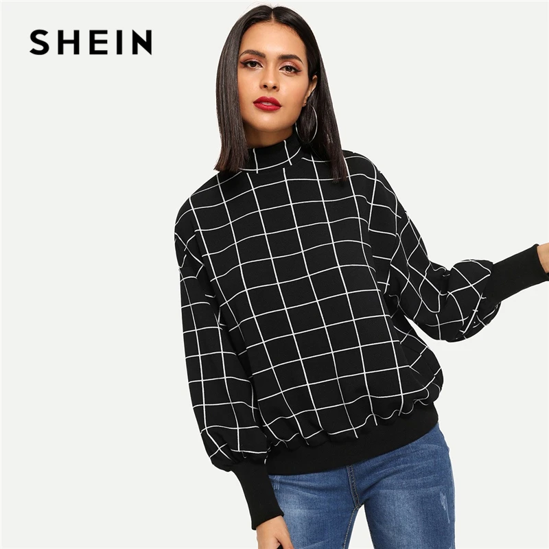 Online SHEIN negro minimalista Mock Neck cuadrícula Plaid soporte cuello suéter sudadera otoño Preppy Universidad Casual mujeres sudaderas