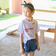 

Kids set summer 2018 new denim shorts for medium and large kids two-piece fringed Korean children's wear