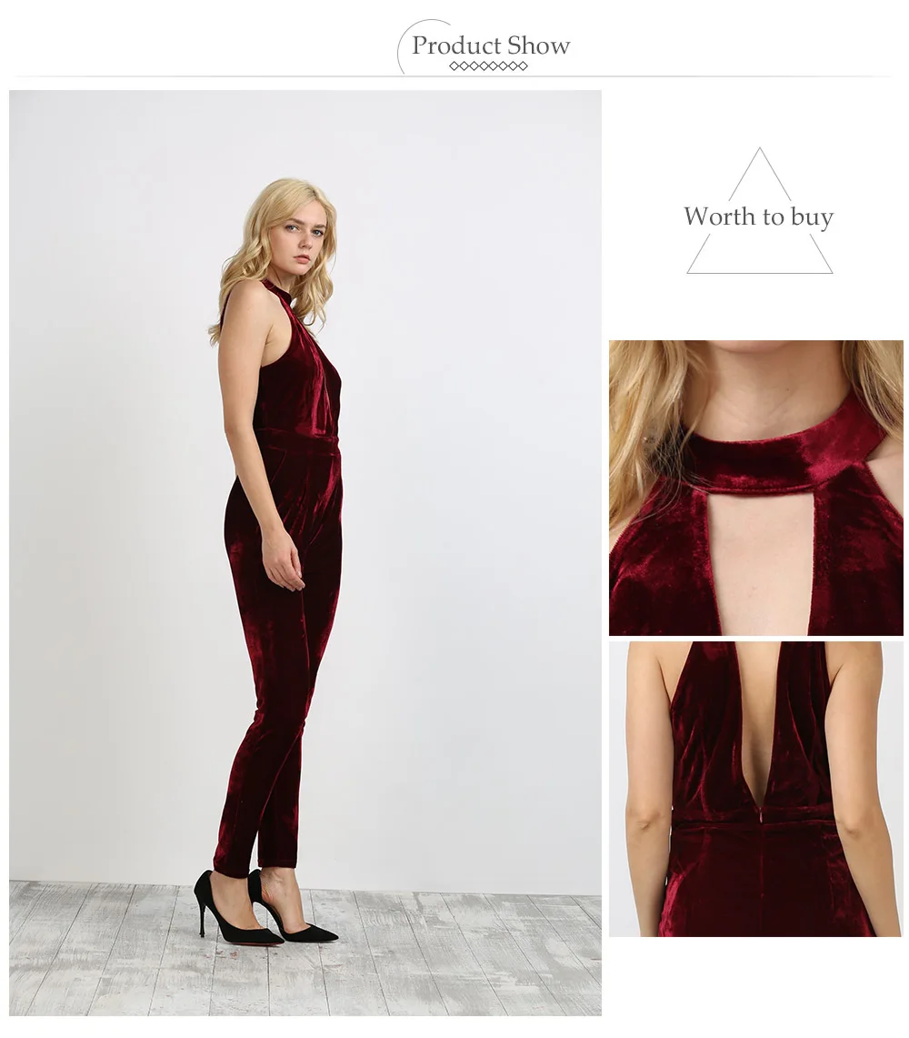 VESTLINDA Wine Red Velvet Jumpsuit One Piece Skinny Women Rompers Active V Neck Backless Jumpsuit Women Jumpsuit Sexy Romper 12