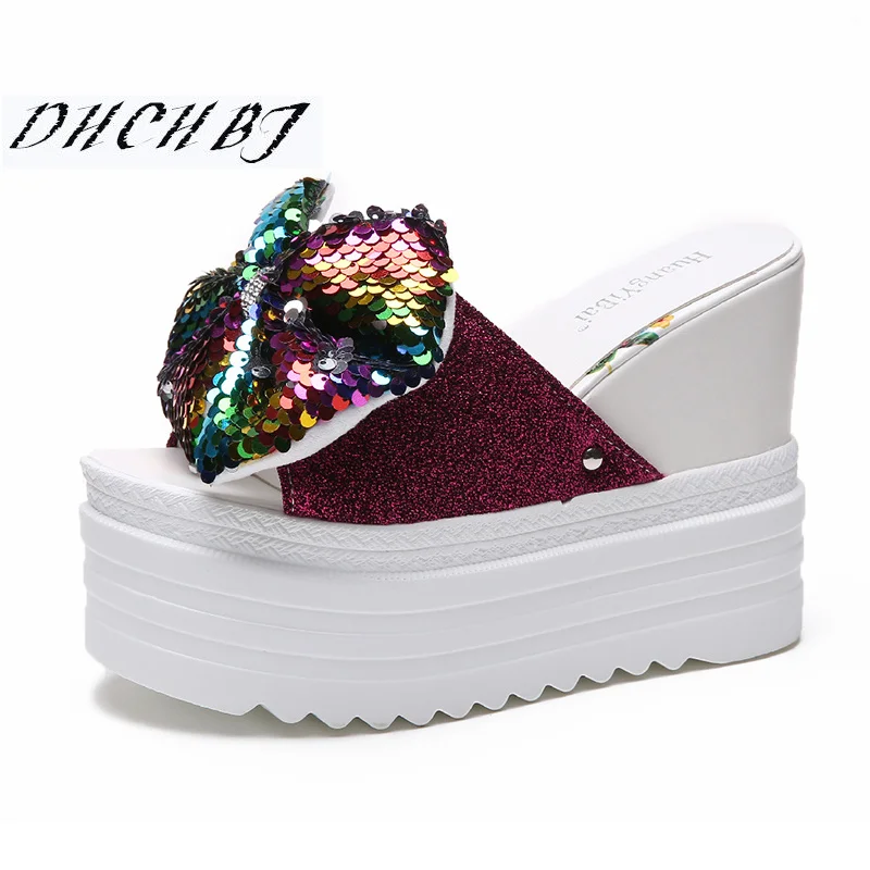 

Woman Sandals 2019 Summer Women Concise 12 CM Platform Sequins Casual Shoes Woman Fashion Thick Bottom Wedges Sandals
