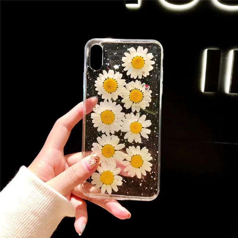 Чехол GYKZ с настоящими сушеными маргаритками для iPhone 7 XS MAX XR X 8 6 6s Plus блестящий