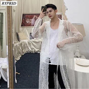 

Spring New 2019 Fashion Black White Men Cardigan Long Jacket Turn-down Collar Loose Casual Outwear Long Trench Jacket