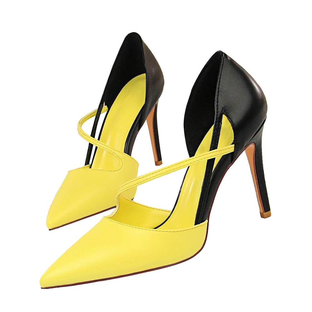 Женские летние босоножки на высоком каблуке 9,5 см; пикантные желтые пикантные туфли-лодочки с ремешком; Женские уникальные туфли на полой подошве; Scarpins Valentine