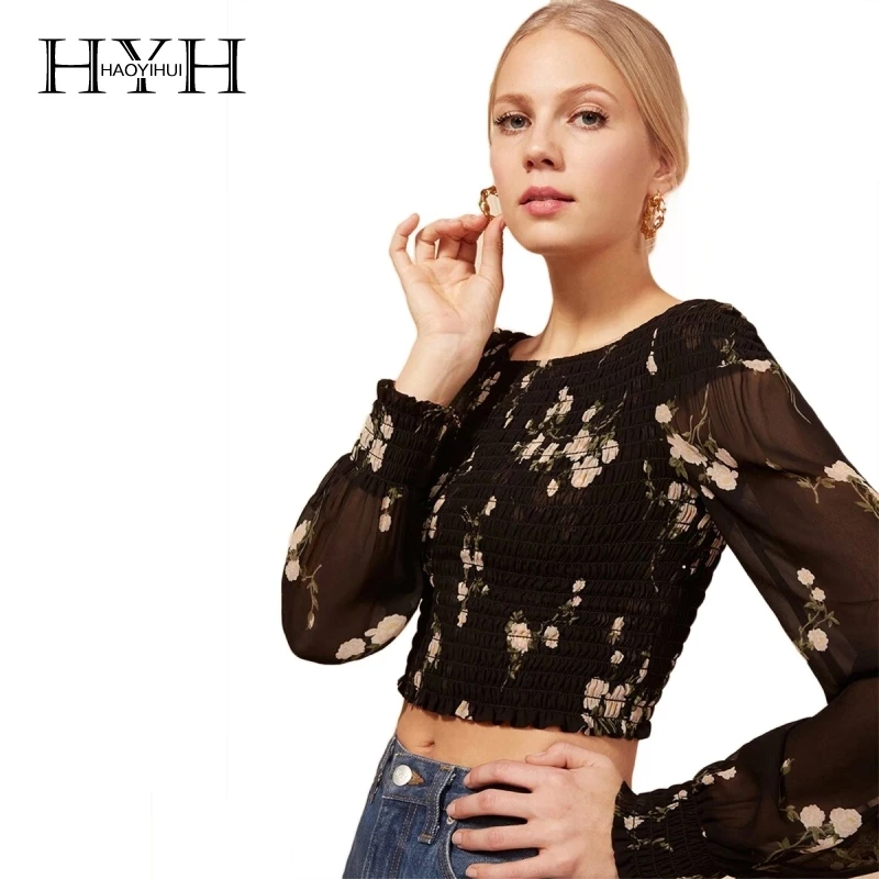 Блузка HYH HAOYIHUI женская короткий топ с цветочным принтом и вырезом