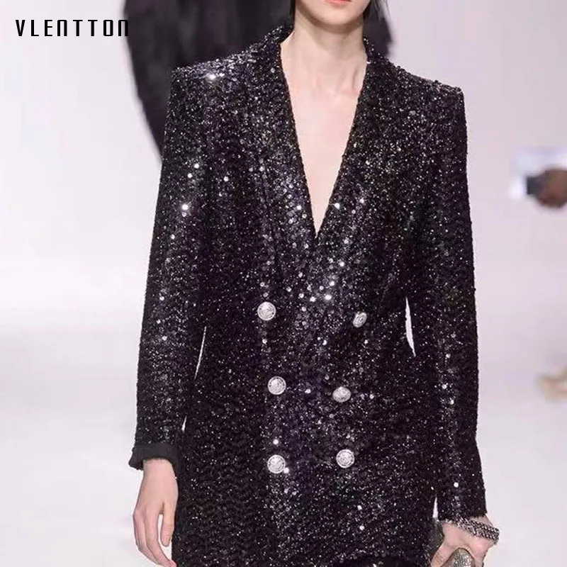 Long Blazer Women  2019 New Spring Autumn Double Breasted Women's Jacket Coat Elegant Office Lady Long Sleeve Sequin Blazer 