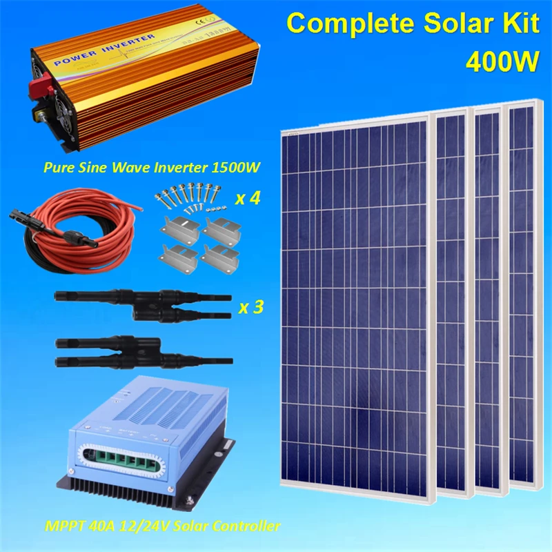 

400W Solar Panel Kit : 4 x 100W Poly Solar Panel W/ 40A Controller+1500W Inverter+5M Cable+3Pairs MC4 Branch Adapter+Z brackets
