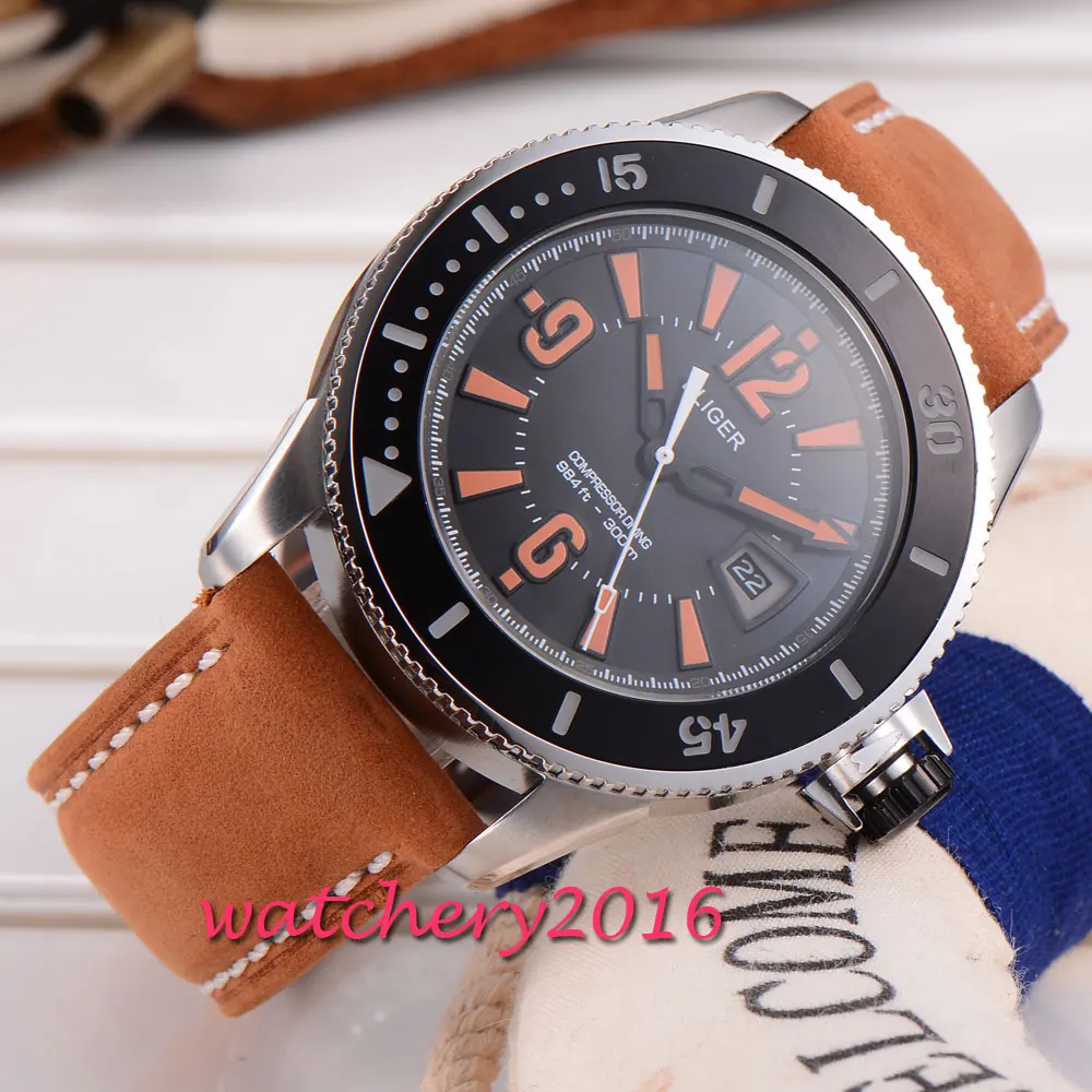 

43mm Bliger black dial men's watches of the famous luxury orange marks date Automatic Self-Wind movement Men's Wristwatch
