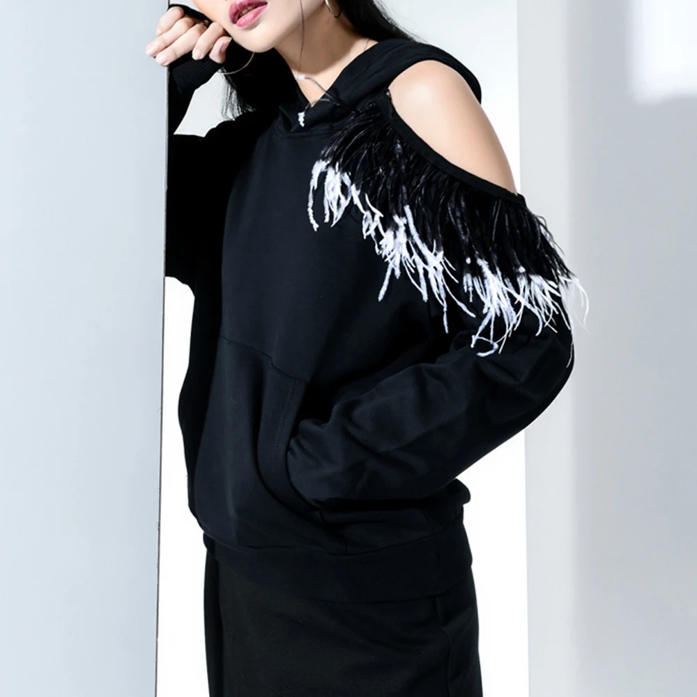 Sweatshirts Patchwork Feather Shoulder Black Sy1007 Girls Quality Tops Runway Hooded Out Sexy Style Hollow High Real CwXvqZ7Z
