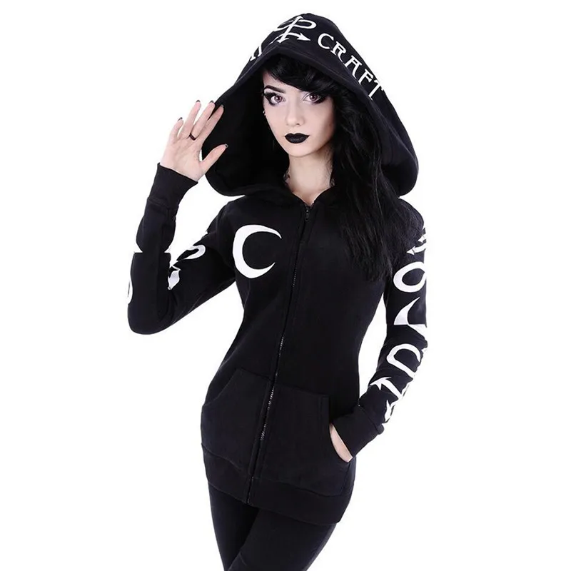 Women Hoodies Gothic Punk Moon Letter Print Sweatshirts  Autumn Winter Long Sleeve  Jacket Zipper Coat  Casual  Hoodies Women
