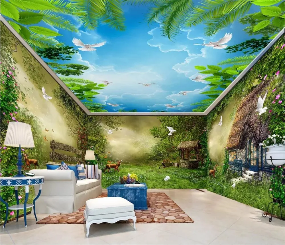 

beibehang Custom wallpaper 3d Children's room fantasy fairytale forest hut flower and bird whole house background wall paper 3d