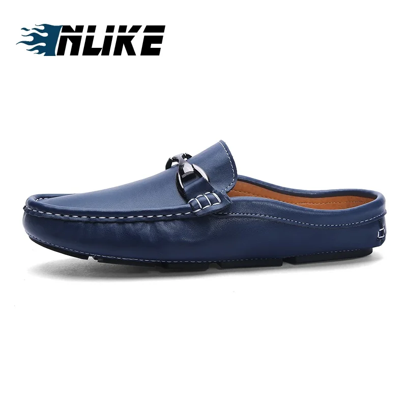 New Summer Men Flats Mules Slip on Genuine Leather Slides Shoes Man Soft Leather Casual Slipper - Цвет: Синий