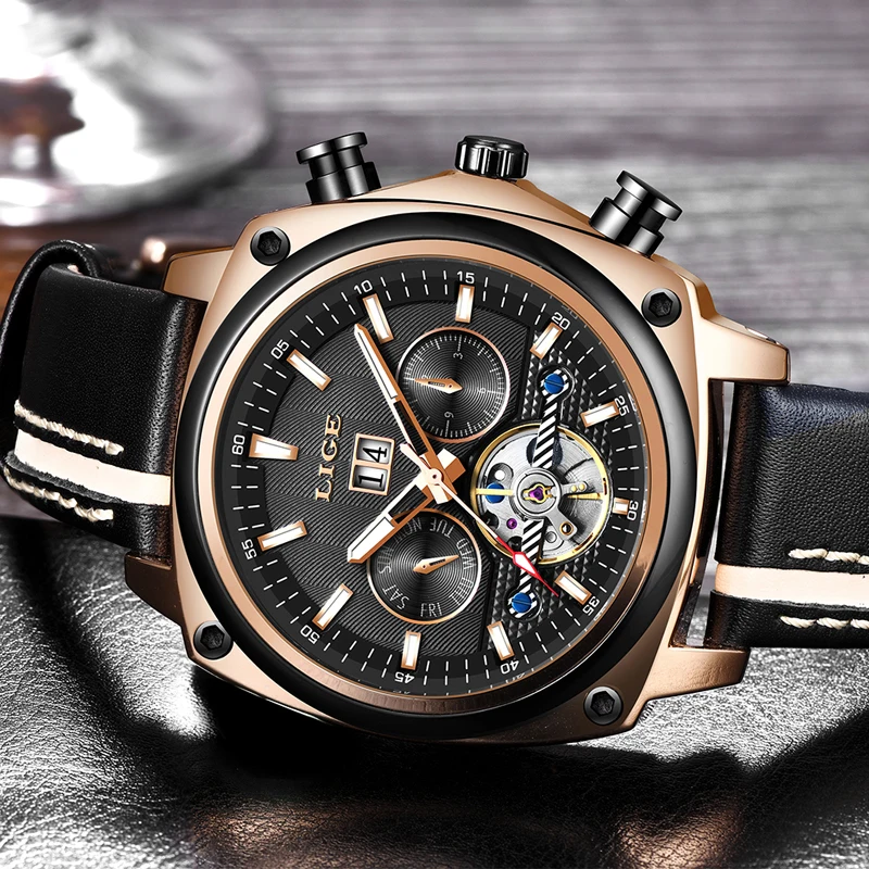 LIGE Мужские часы механические Tourbillon Роскошные модные брендовые кожаные мужские