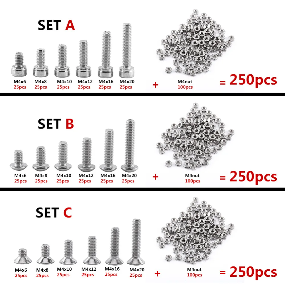250 шт M4 шурупы гайки набор болтов из нержавеющей стали шестигранные шурупы с гайками Ассортимент Набор Деревообрабатывающие инструменты Аппаратные средства