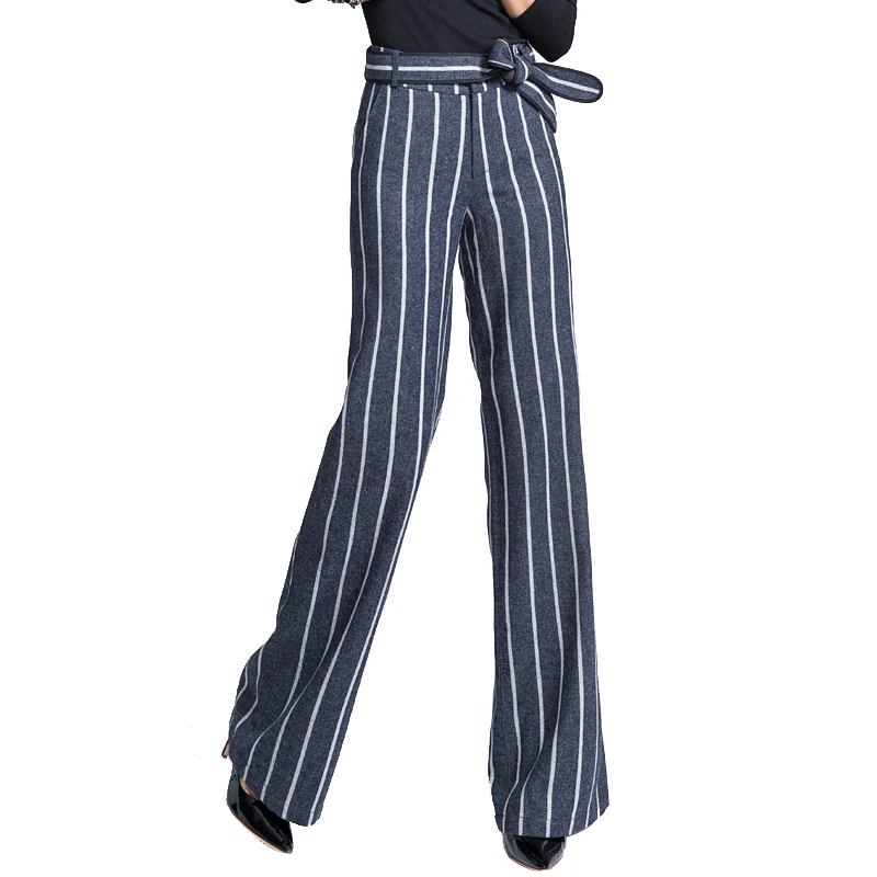 Woolen Wide Leg Pants Female Autumn and Winter New Long Pants Striped Wool Straight High Waist Pants Women