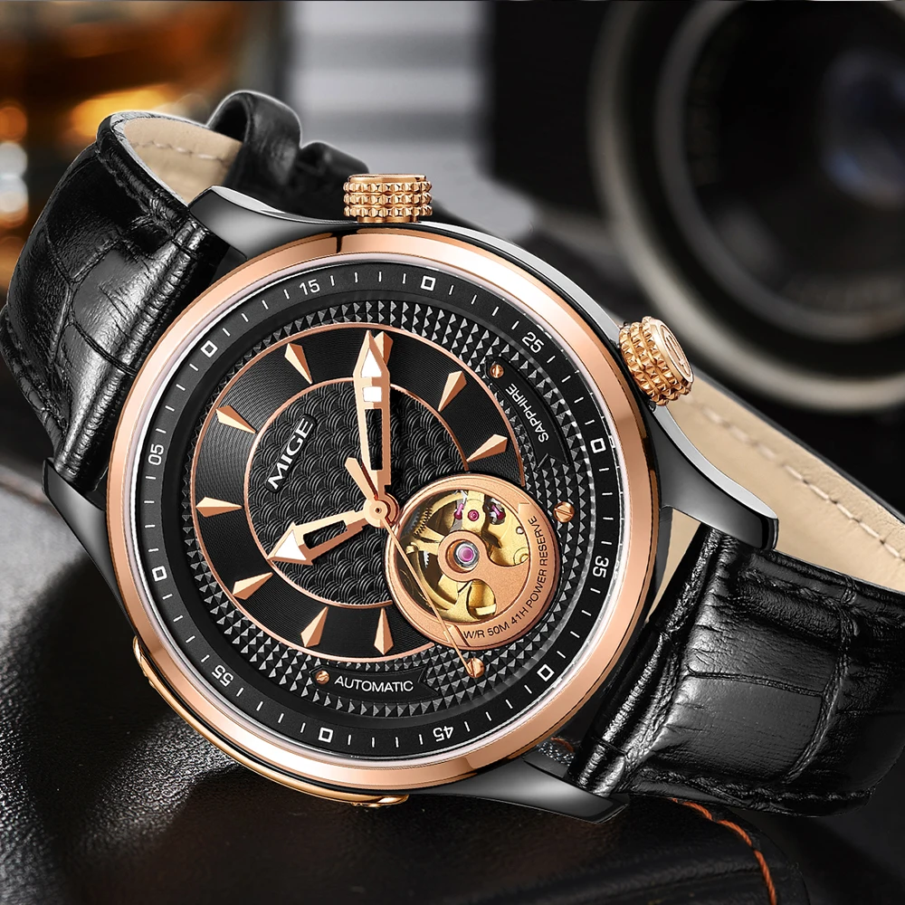 Mige 2017 Top Sale Real Brand Mige Skeleton Mechanical font b Watch b font Black Leather
