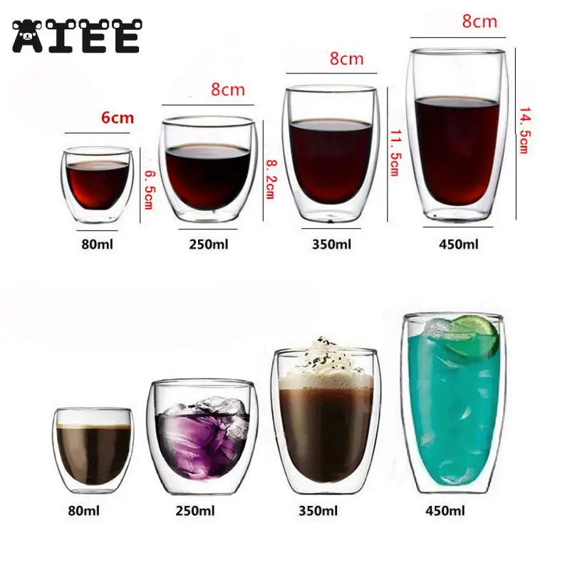 Aiee Heat Resistant Double Wall Glass Tea Cup Coffee Cup Mugs 