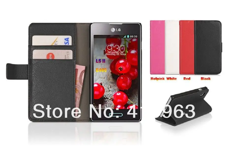 50pcs/lot free shipping Litchi Wallet Leather Case Card slots Stand Book Cover for LG Optimus L5 ii E460 |