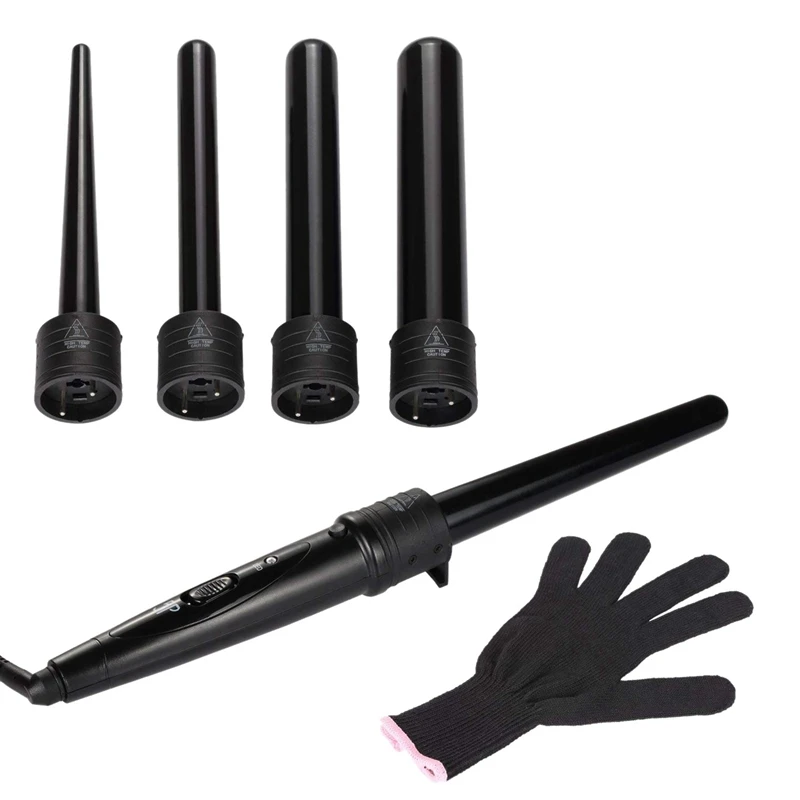 

New 5-in-1 Hair Curler Curling Wand Set Curling Tongs Curling Iron with 5 Interchangeable Barrels and Heat Resistant Glove - B