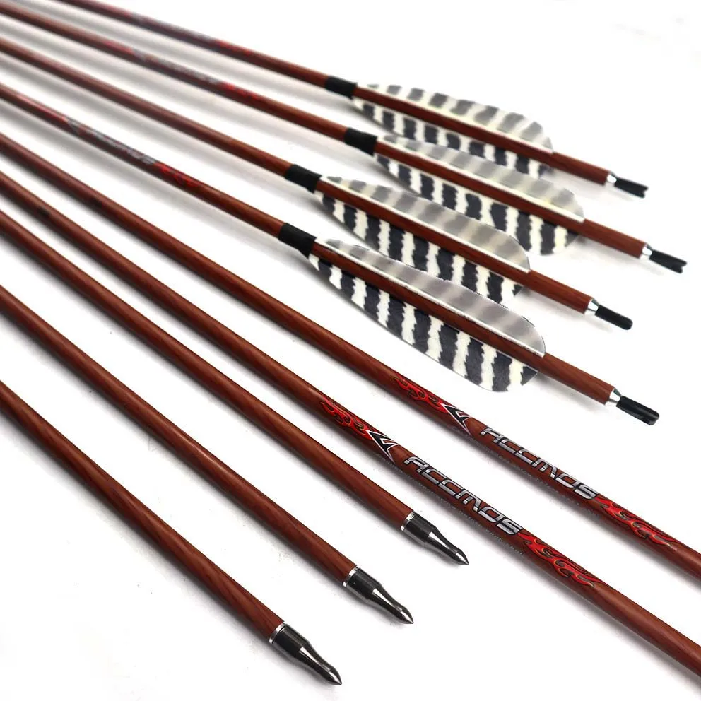 

12pc 32 inch Wood Skin Carbon Arrows Spine 400 450 500 550 600 700 With 4" Real Feather for Longbow Recurve Bow Hunting