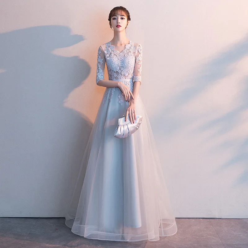 Красивые платья подружки невесты с v-образным вырезом и кружевной аппликацией, Элегантное свадебное платье с полурукавом, плиссированные тюлевые платья Vestido