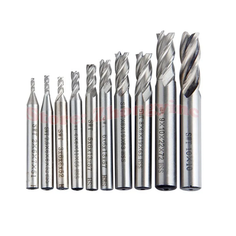 

10pcs/set 1.5/2/2.5/3/3.5/4/4.5/5/5.5/6mm High Speed Steel 4 Flute End Mill Cutter