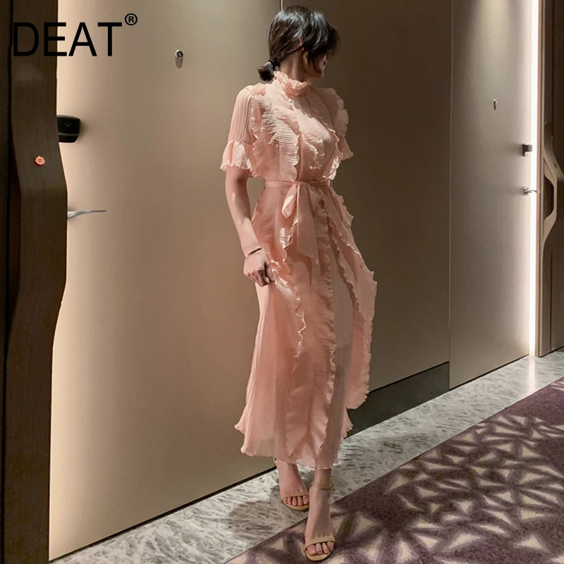 

[DEAT] 2019 New Spring Summer Round Neck Short Sleeve Pleated Three-dimensional Stitch Temperament Dress Women Fashion Tide JT69