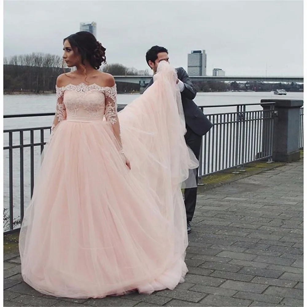 pink long sleeve wedding dress
