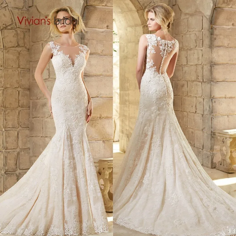 

Vivian's Bridal 2018 Lace Appliques Long Mermaid Wedding Dress Back Illusion Mesh Button Sleeveless Court Train Bridal Dress
