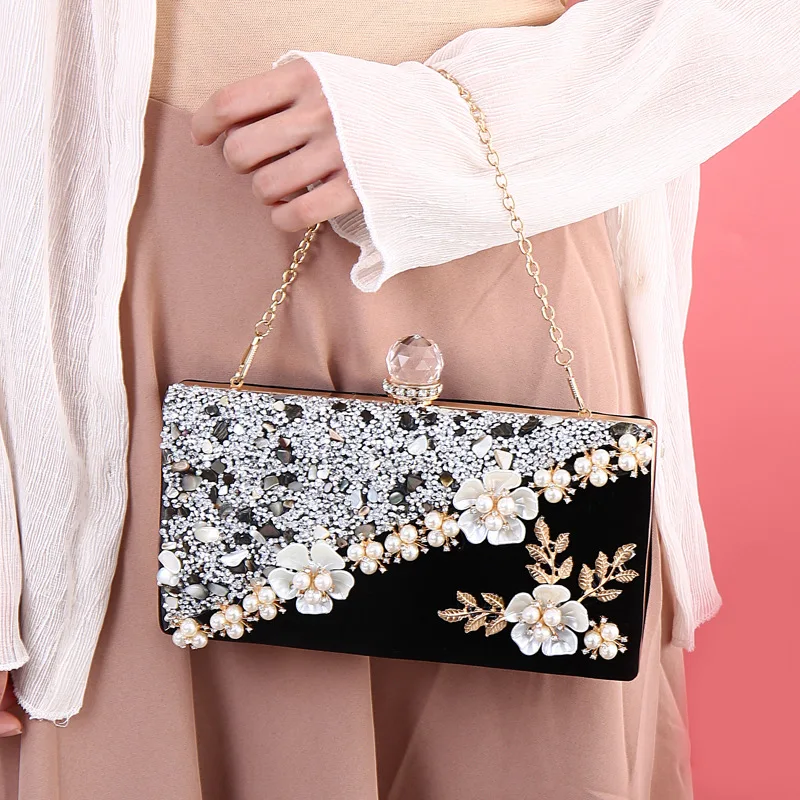 Luxy Moon Black Floral Beads Clutch Bag Model Display View