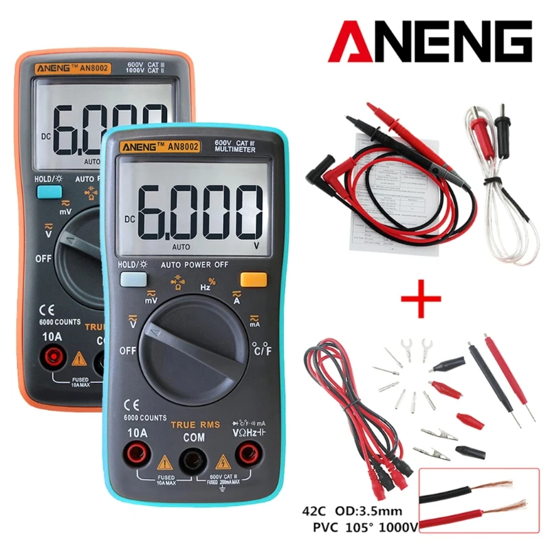 

ANENG AN8002 Digital Multimeter 6000 counts Backlight AC / DC Ammeter Voltmeter Ohm Portable Meter Gift Crocodile Clip Test Line