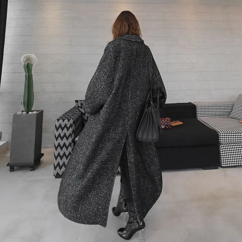 

LANMREM 2018 Antumn Winter Herringbone Casual Open Stitch Pockets Wide-waisred Mid-calaf Loose Coat Woman Overcoat EF443